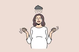 Hormones and pregnancy influence concept. Young pregnant woman standing crying feeling like raining depression and unhappiness crisis vector illustration