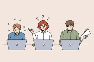 Doing tests and passing exams on laptops concept. Group of young thinking frustrated and concentrated people sitting at laptops thinking fulfilling tasks vector illustration