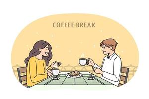 Coffee break and conversation concept. Positive couple man and woman sitting having coffee break with biscuits enjoying chat together vector illustration