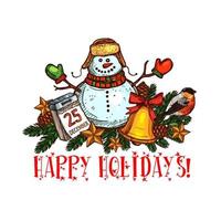 árbol de navidad con icono de esbozo de campana y muñeco de nieve vector