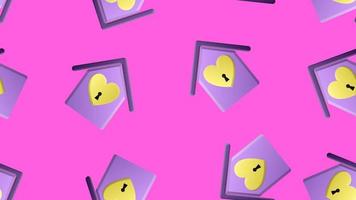 Endless seamless pattern of beautiful festive love joyful hearts in houses with a keyhole on a purple background. Vector illustration