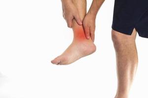 Older men or women or young adults suffer from joint pain, arthritis and tendon problems. myositis injury from exercise Pain from gout and uric acid isolated on a white background photo