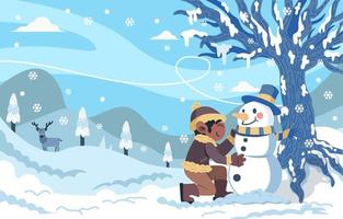 Child Makes a Snowman Under the Tree vector