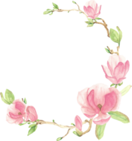 aquarellrosa blühender magnolienblumen- und zweigkranzrahmen png