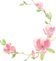 cadre de couronne de fleurs et de branches de magnolia en fleurs roses aquarelle png