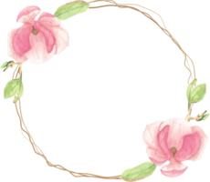 watercolor pink blooming magnolia flower and branch wreath frame png