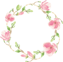 watercolor pink blooming magnolia flower and branch wreath frame png