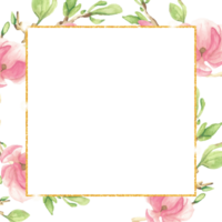 watercolor pink magnolia branch bouquet with gold glitter square frame  for banner or logo png