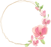 watercolor pink blooming magnolia flower and branch wreath frame png