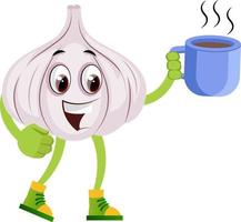 Garlic with cup of coffee, illustration, vector on white background.