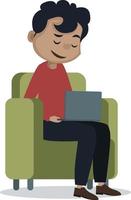 Boy is holding lap top, illustration, vector on white background.