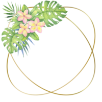 Golden round frame with tropical flowers and leaves. Watercolor illustration for invitations, holiday cards, design. png