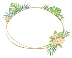 Golden round frame with tropical flowers and leaves. Watercolor illustration for invitations, holiday cards, design. png