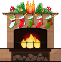 christmas fireplace decorated with candles and socks, new year illustration png