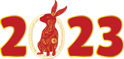 kinesisk 2023 ny år numerisk. zodiaken röd kanin med guld blommig och cirkel prydnad png