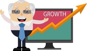 Old man with growth analytics, illustration, vector on white background.