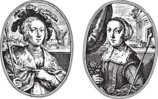 retratos de dos mujeres desconocidas, ambas como pastoras, ilustración antigua. vector