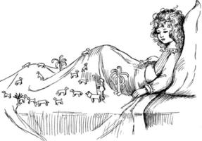 Girl Sitting in Sleeping Bed, vintage illustration. vector