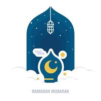 Ramadan Kareem islamic design crescent moon and mosque dome silhouette with arabic pattern and calli vector