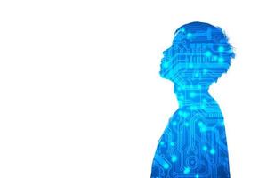 Think of humans and technology in the virtual world. The concept of A.I. technology that is playing a role in human beings. silhouette of people with electronic circuits on a white background photo
