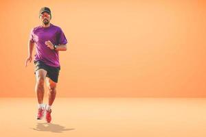 Healthy Asian man running on colored background with copyspace. photo