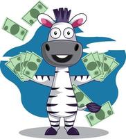 Zebra con dinero, ilustración, vector sobre fondo blanco.