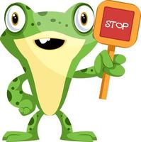 Cute cartoon frog with a stop sign, illustration, vector on white background.