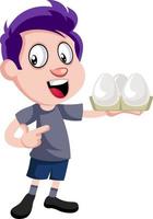 Boy holding eggs, illustration, vector on white background.