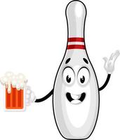 Bowling pin with beer, illustration, vector on white background.