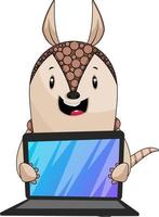 Armadillo holding lap top, illustration, vector on white background.