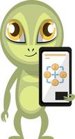 Alien with cellphone, illustration, vector on white background.