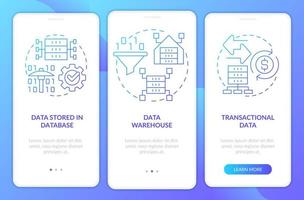 Types of data to mine blue gradient onboarding mobile app screen. IoT walkthrough 3 steps graphic instructions pages with linear concepts. UI, UX, GUI template. vector