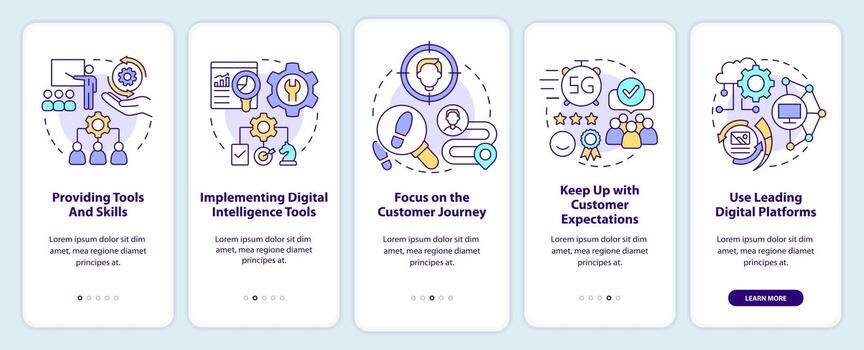 Digital first strategy onboarding mobile app screen. Electronic commerce walkthrough 5 steps graphic instructions pages with linear concepts. UI, UX, GUI template. vector