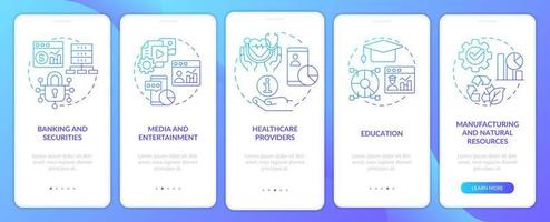 Big data applications types blue gradient onboarding mobile app screen. Walkthrough 5 steps graphic instructions pages with linear concepts. UI, UX, GUI template. vector