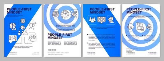 People first mindset blue brochure template. Digital marketing. Leaflet design with linear icons. 4 vector layouts for presentation, annual reports.