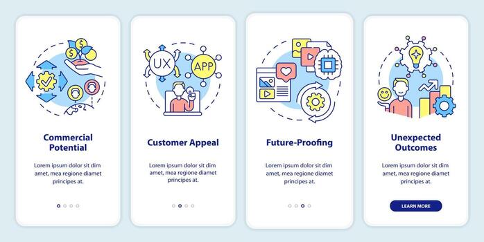 Digital first mindset importance onboarding mobile app screen. Walkthrough 4 steps graphic instructions pages with linear concepts. UI, UX, GUI template. vector