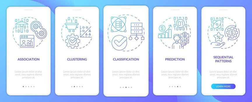 Data mining techniques blue gradient onboarding mobile app screen. Walkthrough 5 steps graphic instructions pages with linear concepts. UI, UX, GUI template. vector