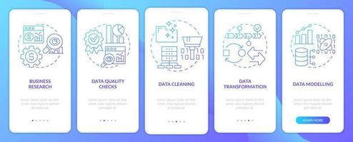 pantalla de la aplicación móvil de incorporación de degradado azul del proceso de minería de datos. tutorial 5 pasos páginas de instrucciones gráficas con conceptos lineales. interfaz de usuario, ux, plantilla de interfaz gráfica de usuario. vector