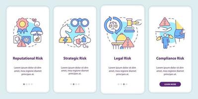 Risk categorizations onboarding mobile app screen. Potential issues walkthrough 4 steps graphic instructions pages with linear concepts. UI, UX, GUI template. vector