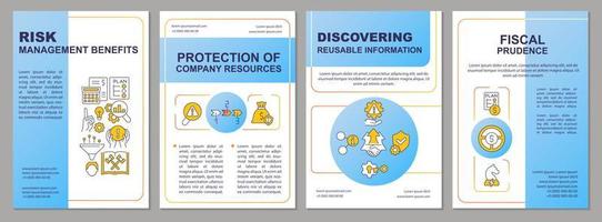 Risk management advantages blue brochure template. Safety strategy. Leaflet design with linear icons. 4 vector layouts for presentation, annual reports.