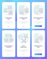 Digital information types blue gradient onboarding mobile app screen set. Walkthrough 3 steps graphic instructions pages with linear concepts. UI, UX, GUI template. vector