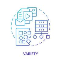 Variety blue gradient concept icon. Big data characteristic abstract idea thin line illustration. Source and nature of unstructured data. Isolated outline drawing. vector