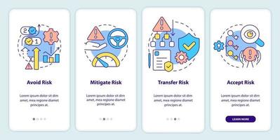 Risk management steps onboarding mobile app screen. Solving problems walkthrough 4 steps graphic instructions pages with linear concepts. UI, UX, GUI template. vector