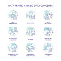 Data mining and big data blue gradient concept icons set. Database analysis idea thin line color illustrations. Arrangement, processing. Isolated symbols. vector