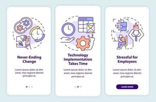 Digital transformation cons onboarding mobile app screen. Walkthrough 3 steps graphic instructions pages with linear concepts. UI, UX, GUI template. vector