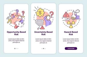 Risks types onboarding mobile app screen. Problems analysing walkthrough 3 steps graphic instructions pages with linear concepts. UI, UX, GUI template. vector