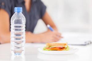 No time for break. Cropped image of woman writing something in her note pad while sandwich and a bottle of water laying on foreground photo