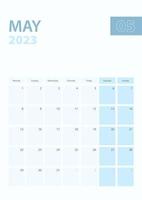 Vertical calendar page of May 2023, Week starts from Monday. vector