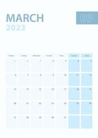 Vertical calendar page of March 2023, Week starts from Monday. vector