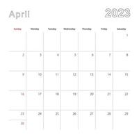 Simple wall calendar for April 2023 with dotted lines. The calendar is in English, week start from Sunday. vector